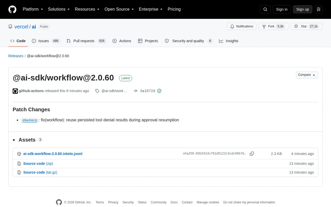Vercel AI SDK Workflow 2.0.60 Released: Fixes Tool Approval Resumption Bug