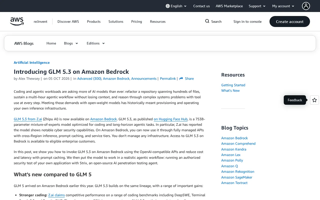 GLM 5.3 登陆 Amazon Bedrock:753B 参数专攻编码与智能体任务