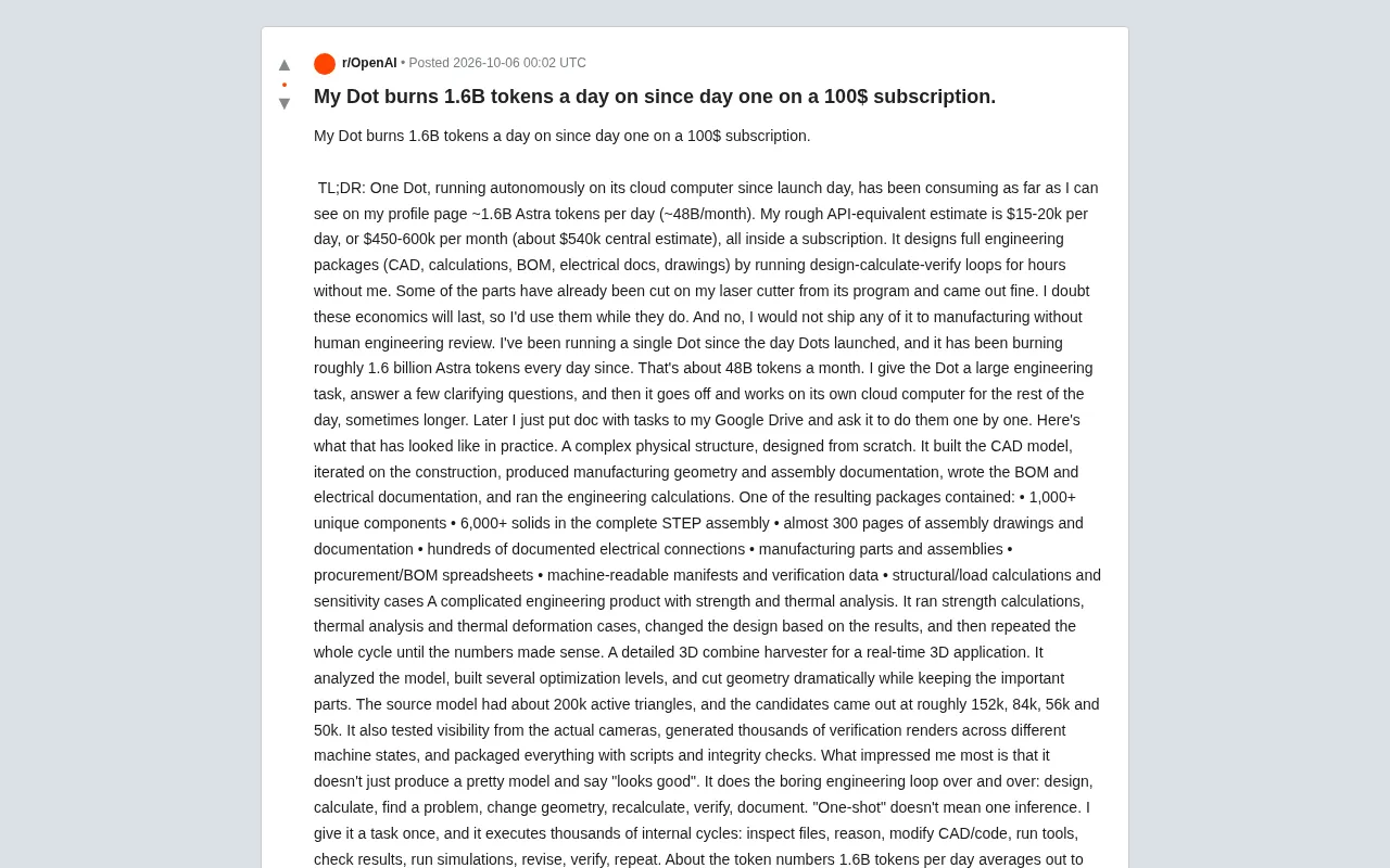 A Single AI Agent Burns 1.6 Billion Tokens Per Day: $100 Subscription Delivering $540K in API Value