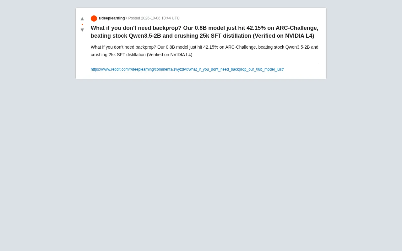 No Backpropagation Needed? A 0.8B Model Outperforming 2B on ARC-Challenge Sparks Debate