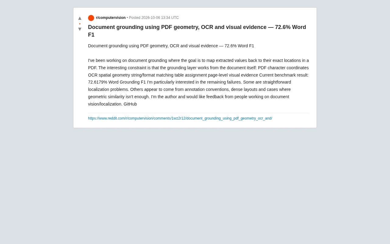 A New Approach to Document Grounding: PDF Geometry + OCR + Visual Evidence Achieves 72.6% Word F1