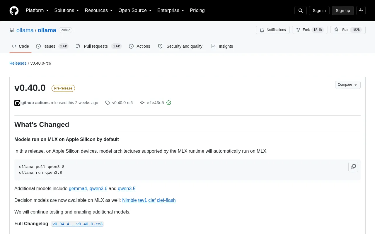 Ollama v0.40.0 Released: MLX Acceleration Enabled by Default on Apple Silicon