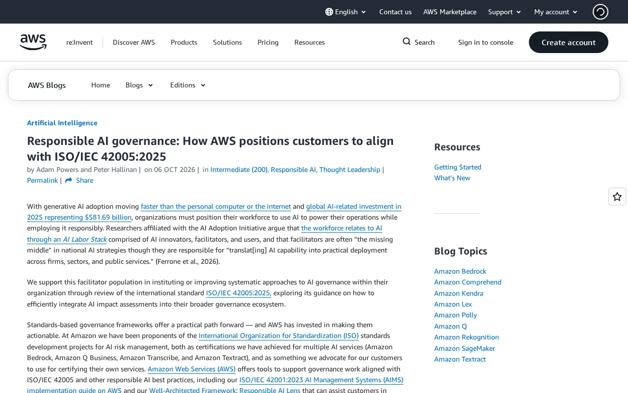 AWS Helps Enterprises Align with ISO/IEC 42005 Responsible AI Governance Standard