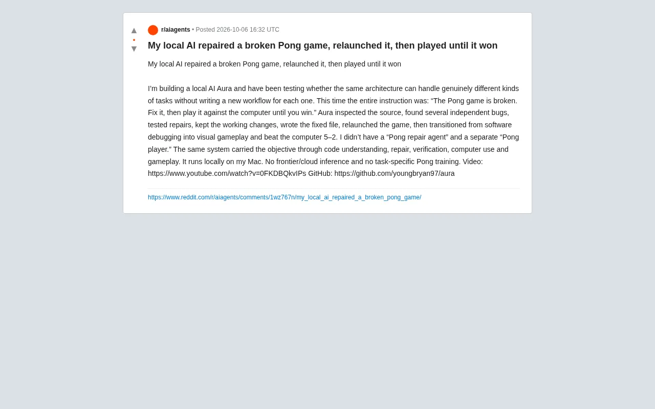 reddit source: My local AI repaired a broken Pong game