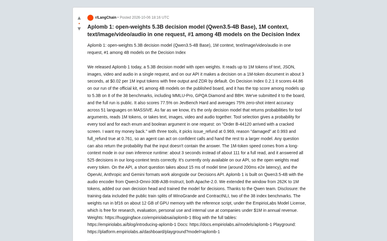 Aplomb 1:53亿参数决策模型,1M上下文四模态输入