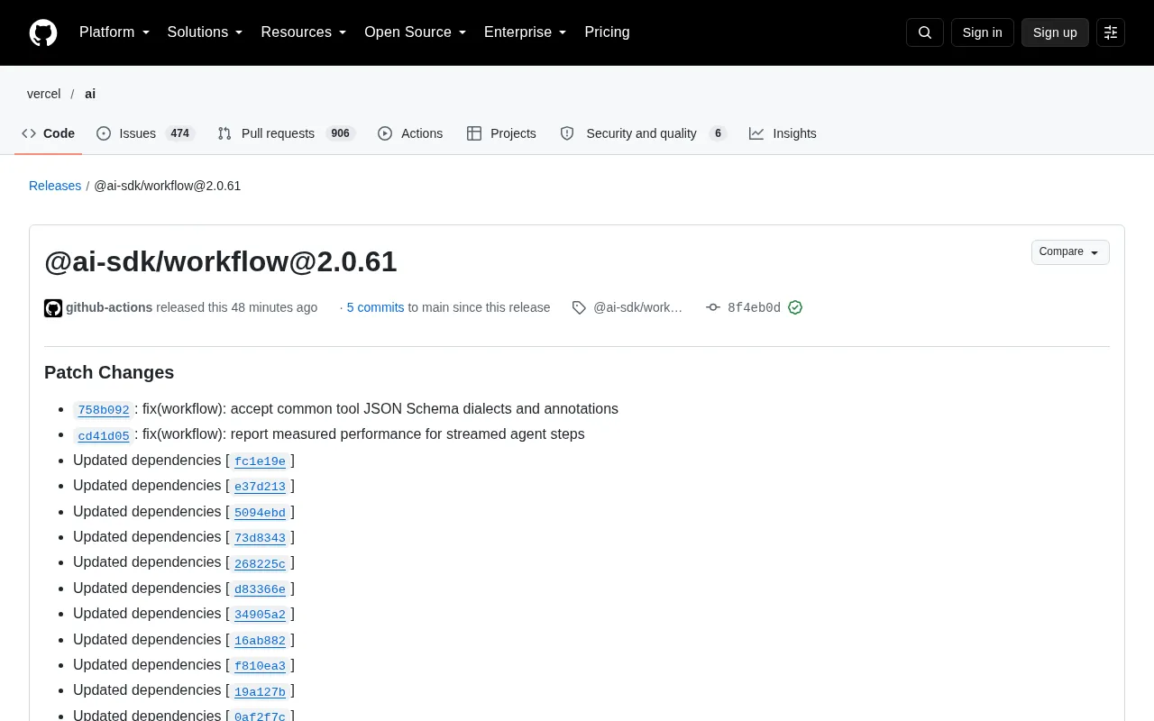 AI SDK Workflow 2.0.61 Released: Tool Schema Compatibility and Streaming Performance Fixes