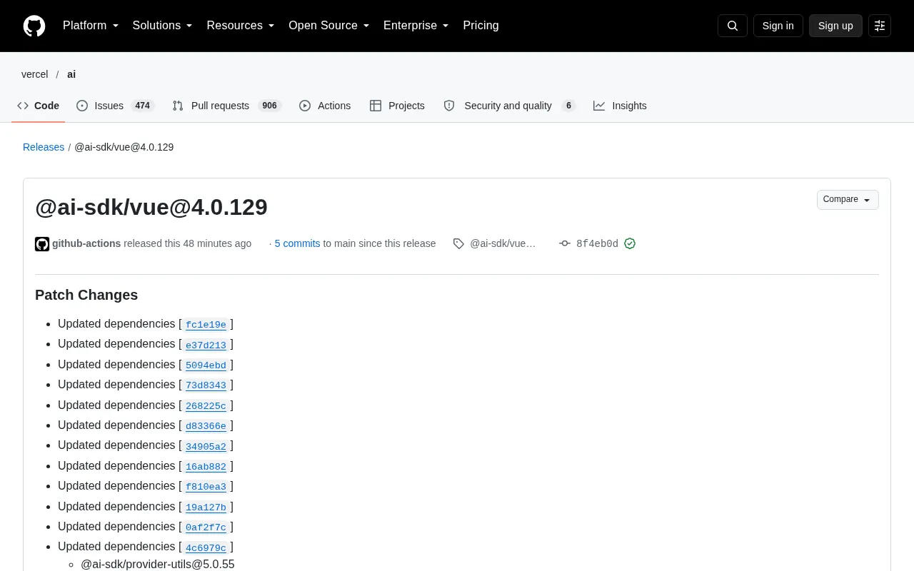 @ai-sdk/vue 4.0.129 Released: Dependency Updates and Patch Maintenance