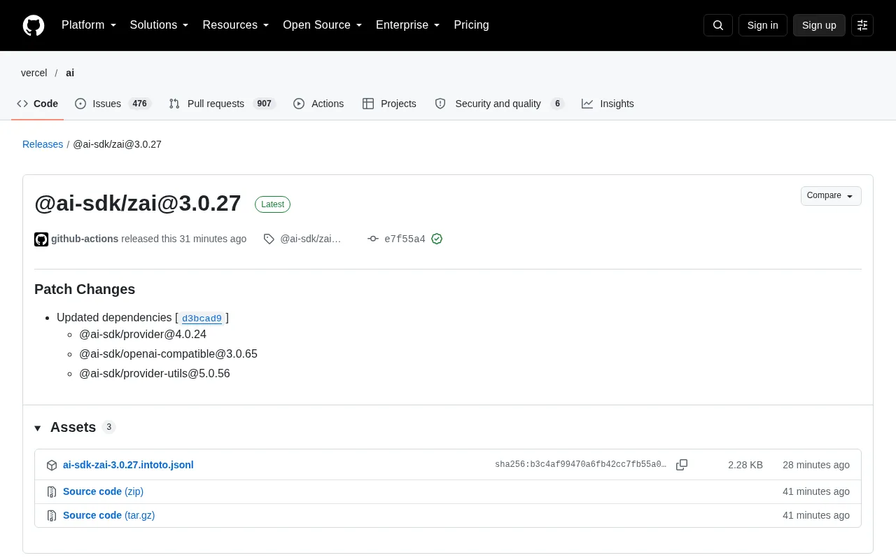 @ai-sdk/zai 3.0.27 Released: Compatibility Fixes Through Dependency Updates