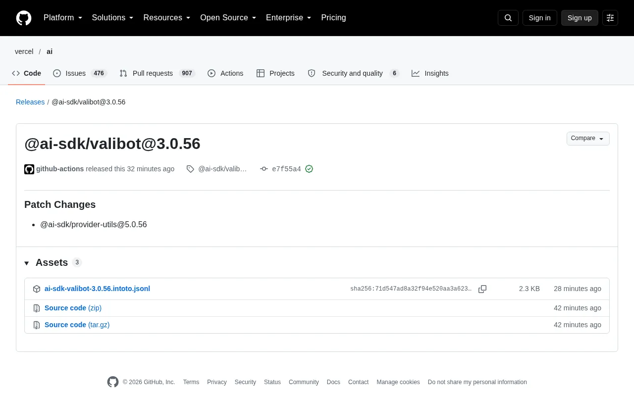 @ai-sdk/valibot 3.0.56 Released: A Routine Patch Update