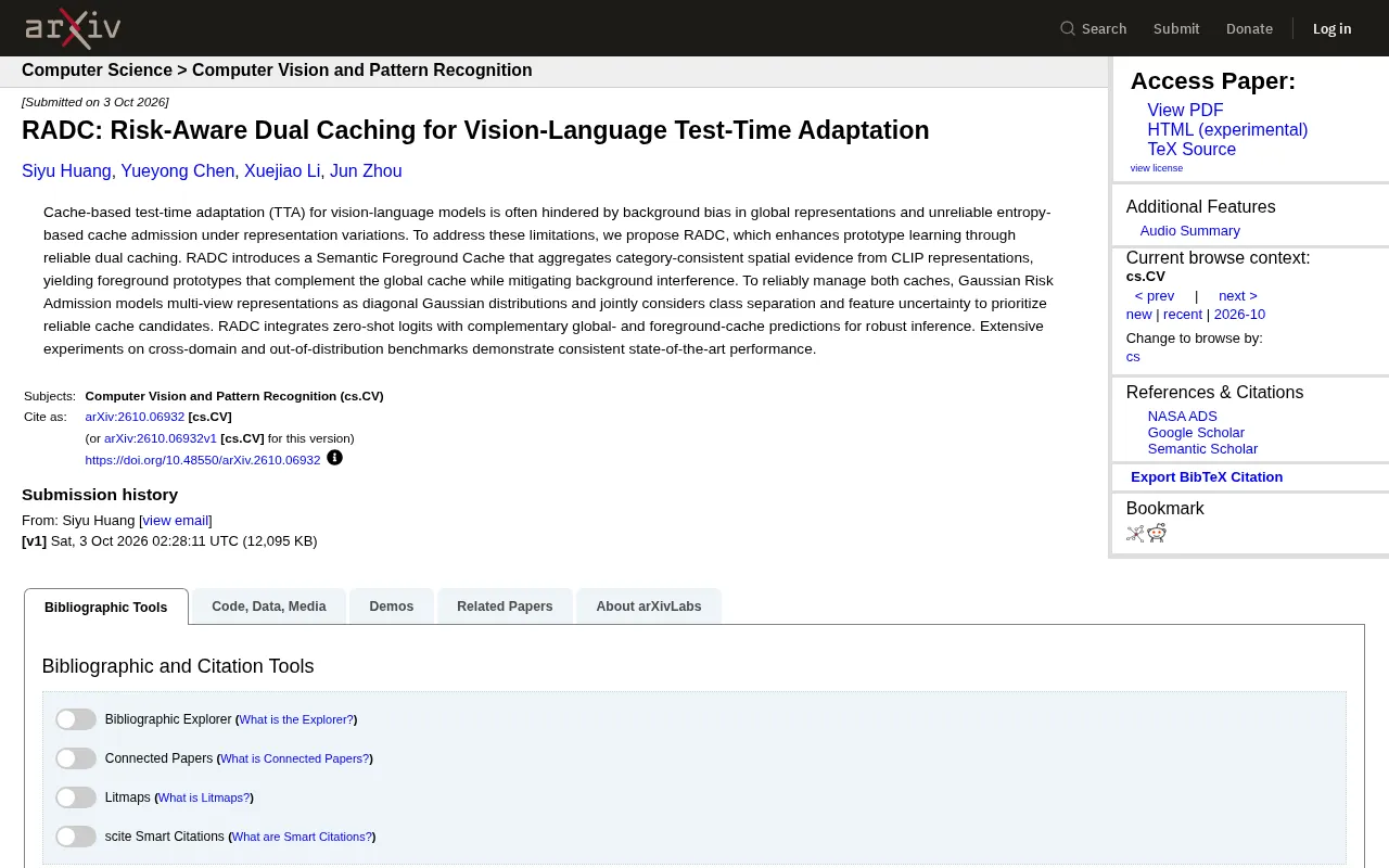 RADC: Risk-Aware Dual Caching for Test-Time Adaptation in Vision-Language Models