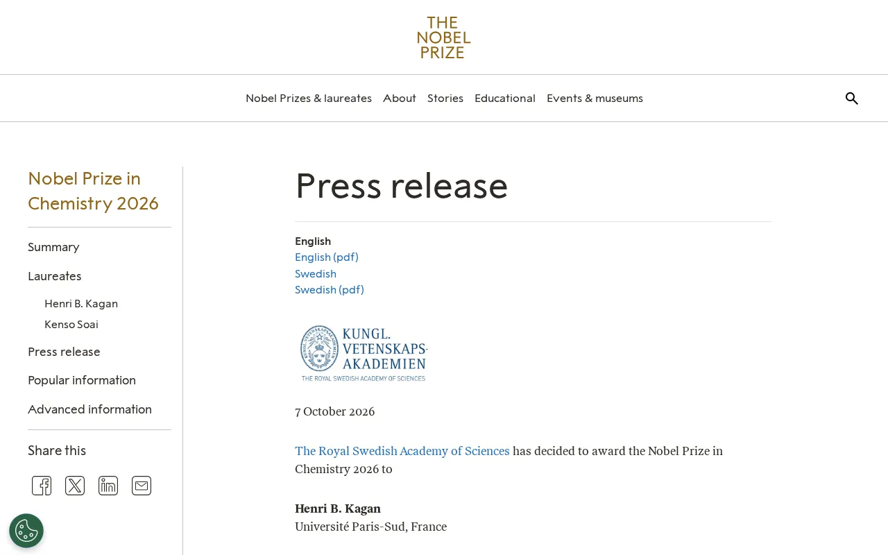 hackernews source: Nobel Prize in Chemistry 2026 to Henri B. Kagan and Kenso Soai