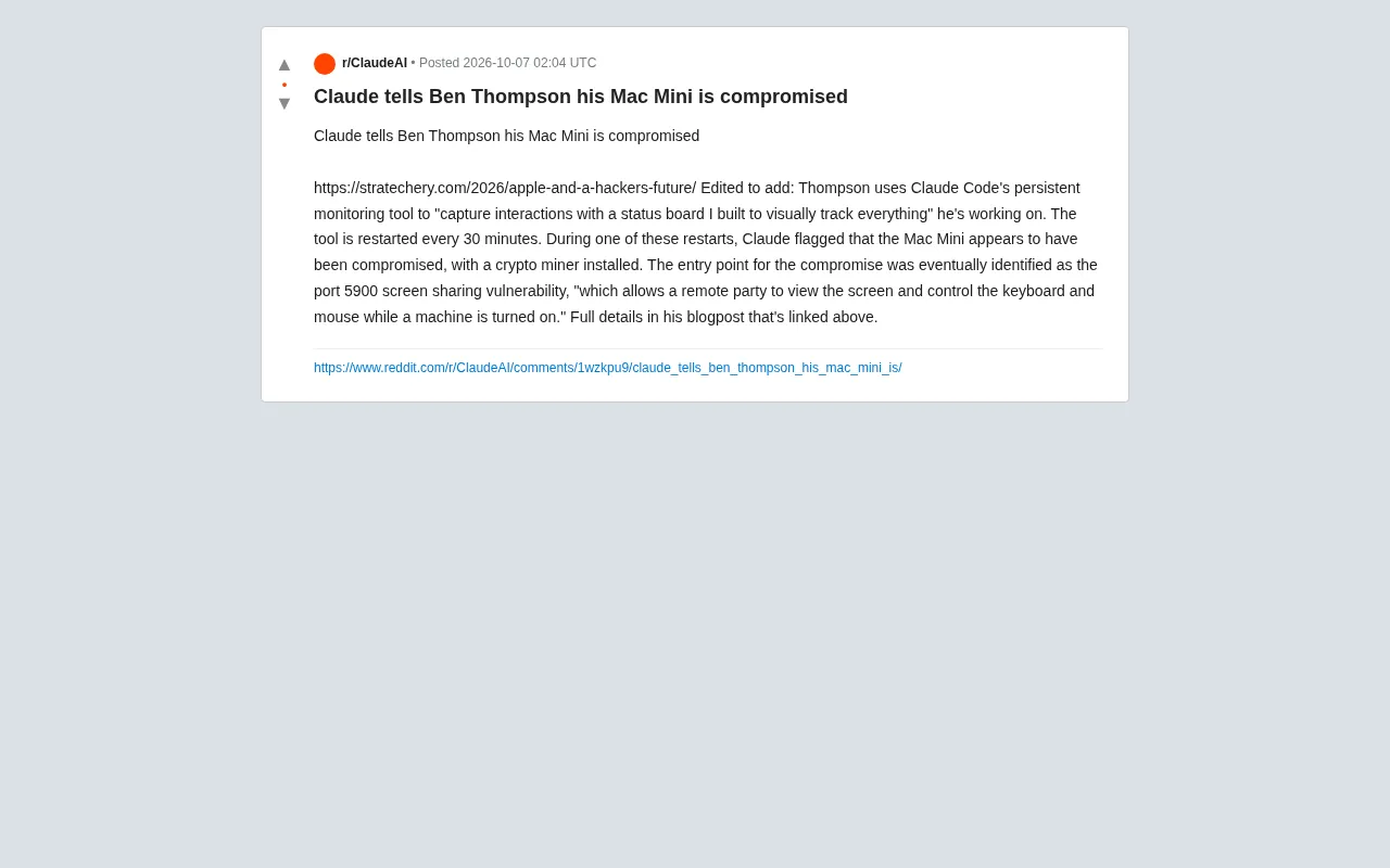 Claude tells Ben Thompson his Mac Mini is compromised