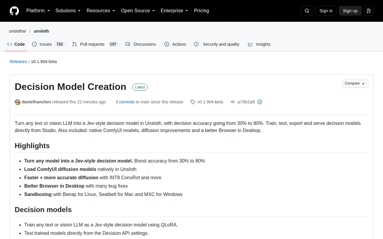 Unsloth Decision Model Creation release page