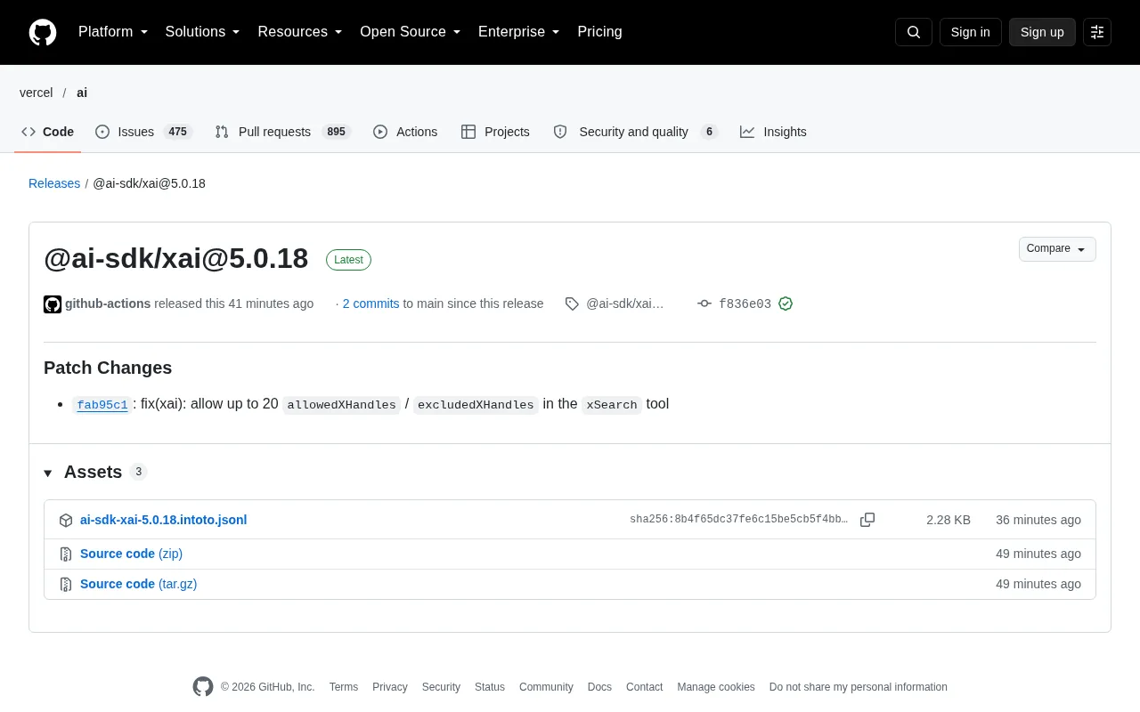@ai-sdk/xai 5.0.18 Released: xSearch Tool Now Supports Up to 20 X Account Filters