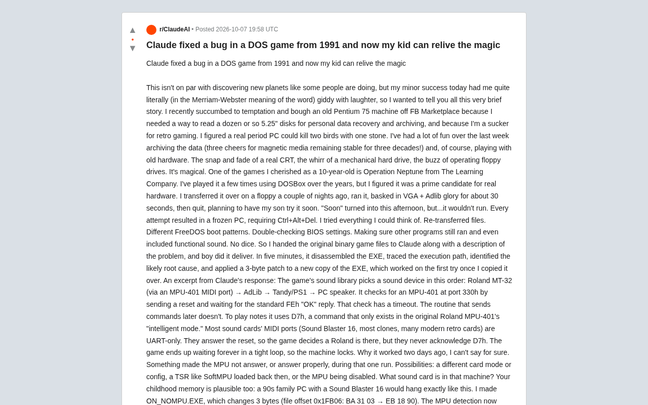 Claude 五分钟修复 1991 年 DOS 游戏 Bug:AI 逆向工程实录