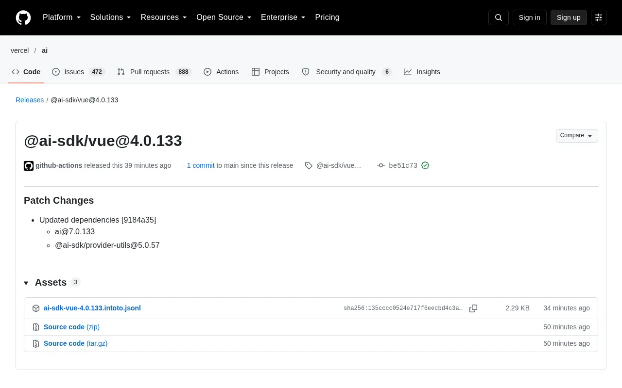 @ai-sdk/vue 4.0.133 Released: Routine Patch with Dependency Updates
