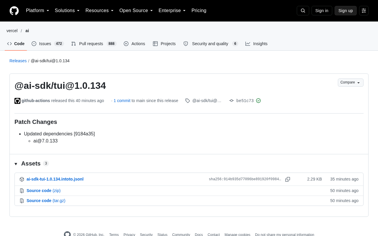 @ai-sdk/tui 1.0.134 发布:依赖同步更新的补丁版本