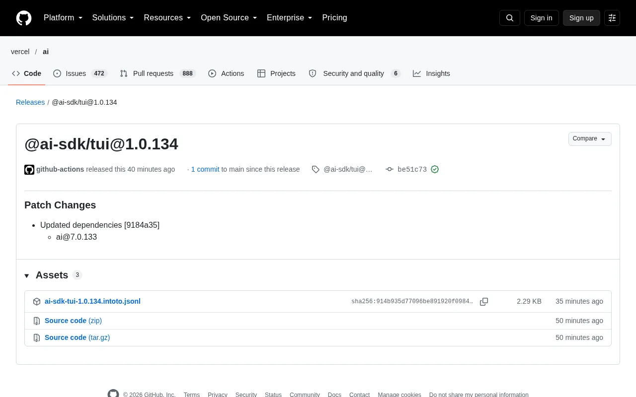 @ai-sdk/tui 1.0.134 Released: Patch Update for Dependency Sync