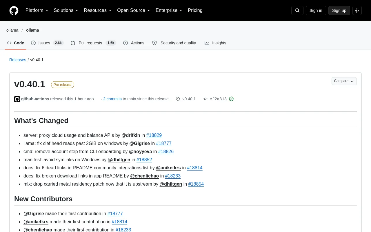 Ollama v0.40.1 Release Page