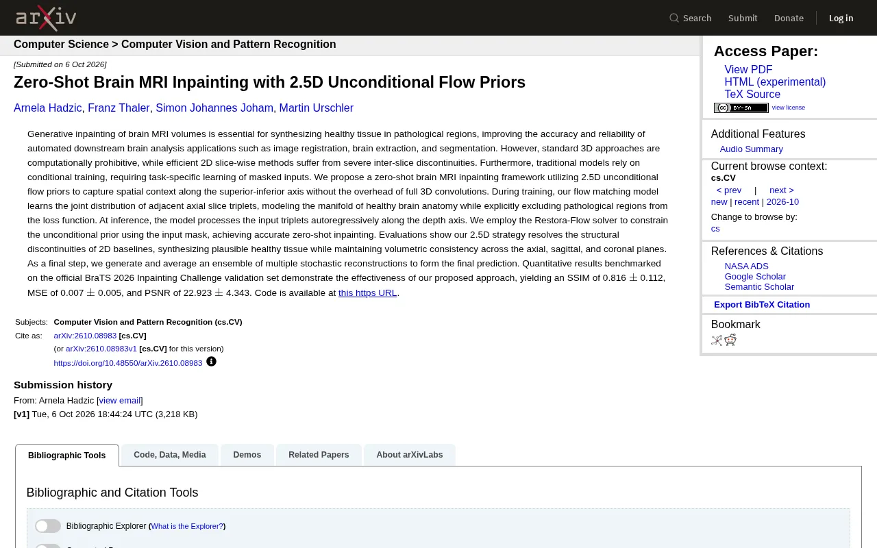 Zero-Shot Brain MRI Inpainting via 2.5D Unconditional Flow Priors