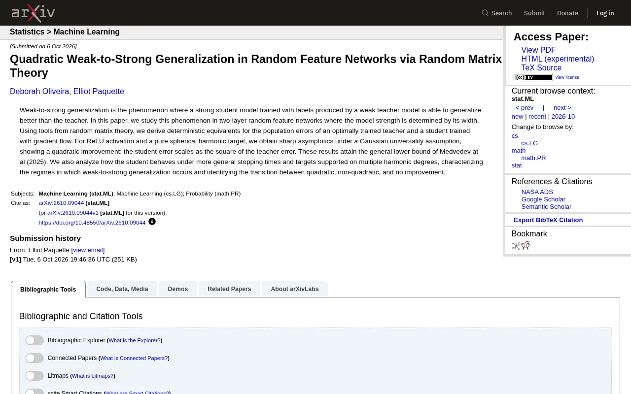 A Quadratic Law for Weak-to-Strong Generalization: New Proof via Random Matrix Theory