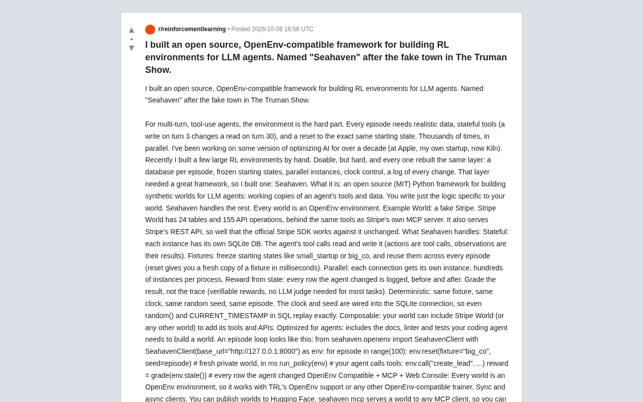 Seahaven: An Open-Source Framework for Building RL Training Environments for LLM Agents