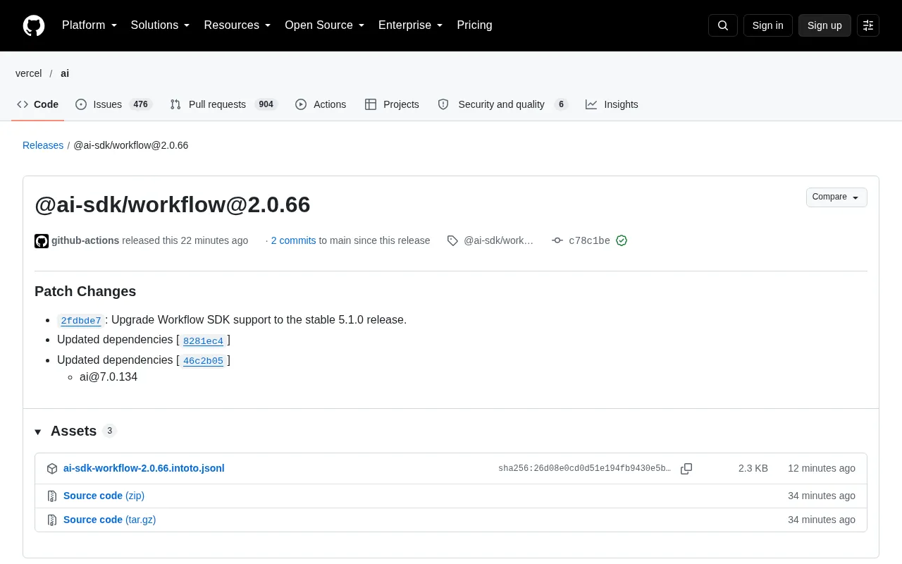 AI SDK Workflow 2.0.66 Released: Upgrade to Stable Version 5.1.0