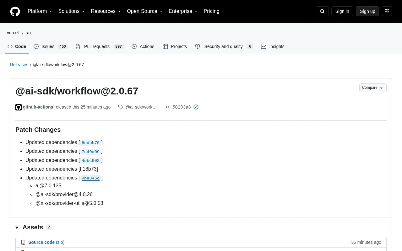 @ai-sdk/workflow 2.0.67 Released: Dependency Updates and Patch Fixes