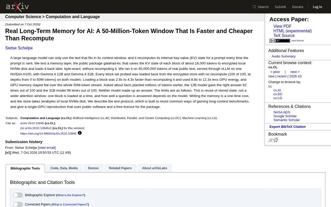 A New Take on AI Long-Term Memory: 50M Token Window, Faster and Cheaper Than Recomputation