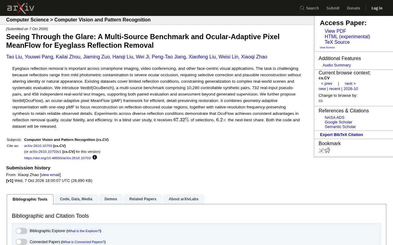 OcuBench and OcuFlow: A New Paradigm for Tackling Eyeglass Reflection Removal