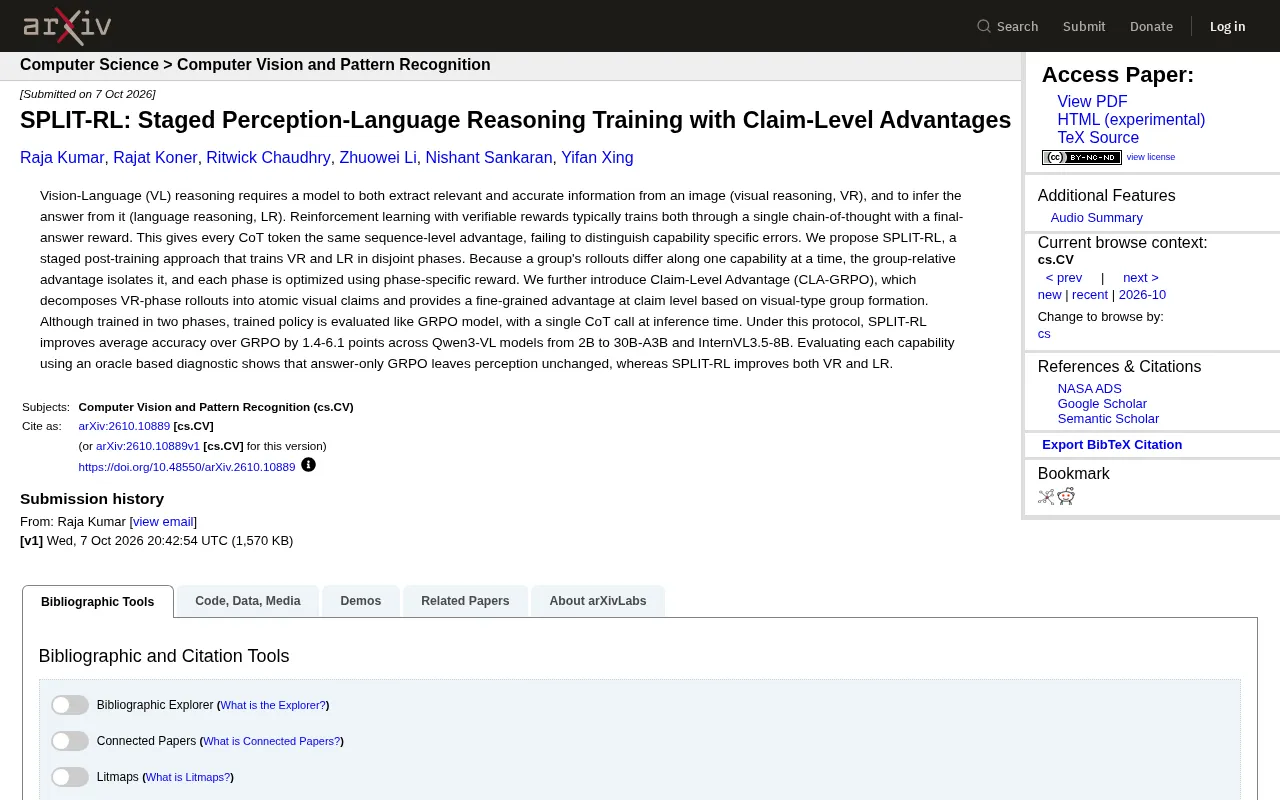 SPLIT-RL: Staged Training Tackles the Credit Attribution Problem in Vision-Language Reasoning