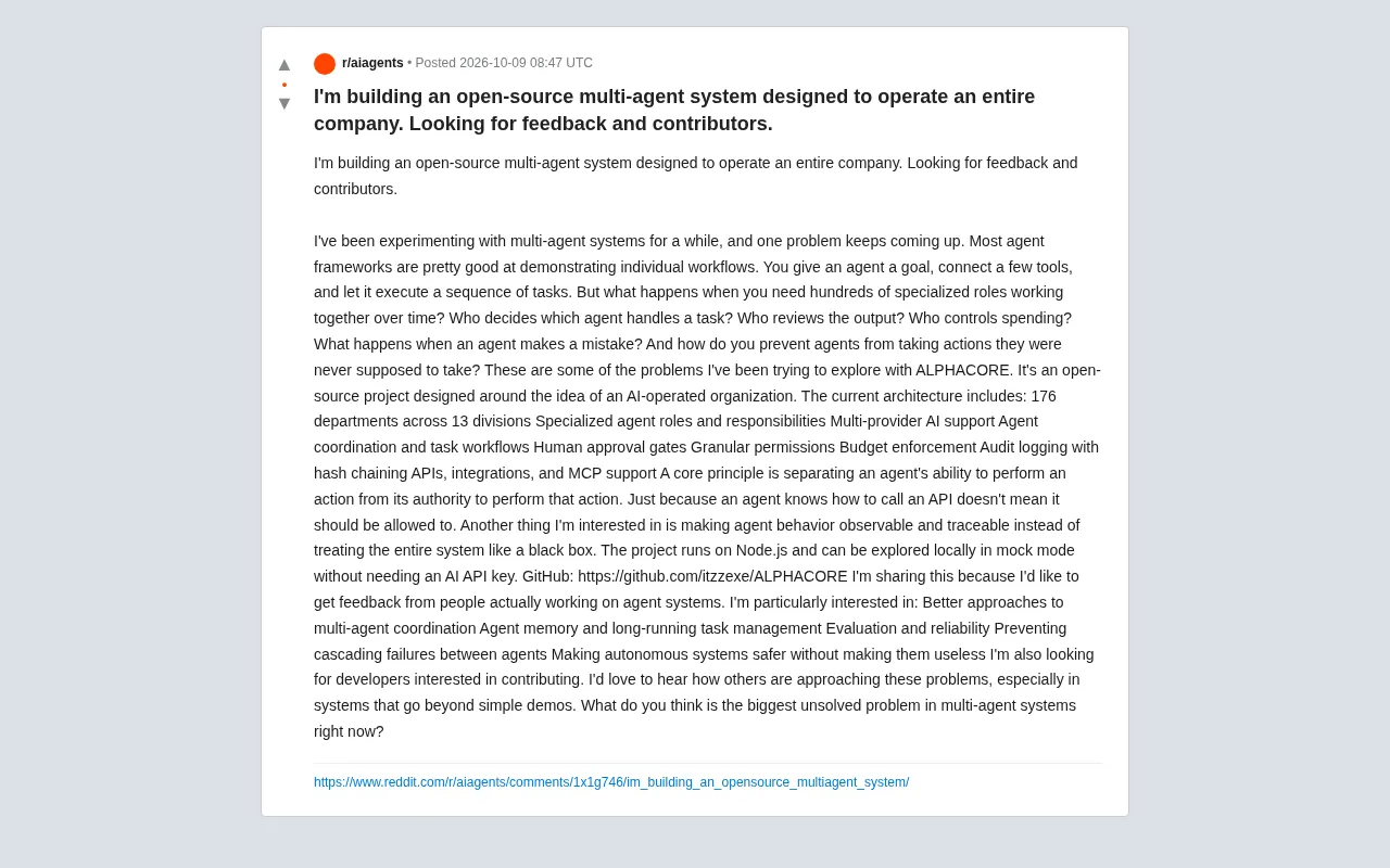 ALPHACORE: An Open-Source Experiment in Running an Entire Company with Multi-Agent Systems