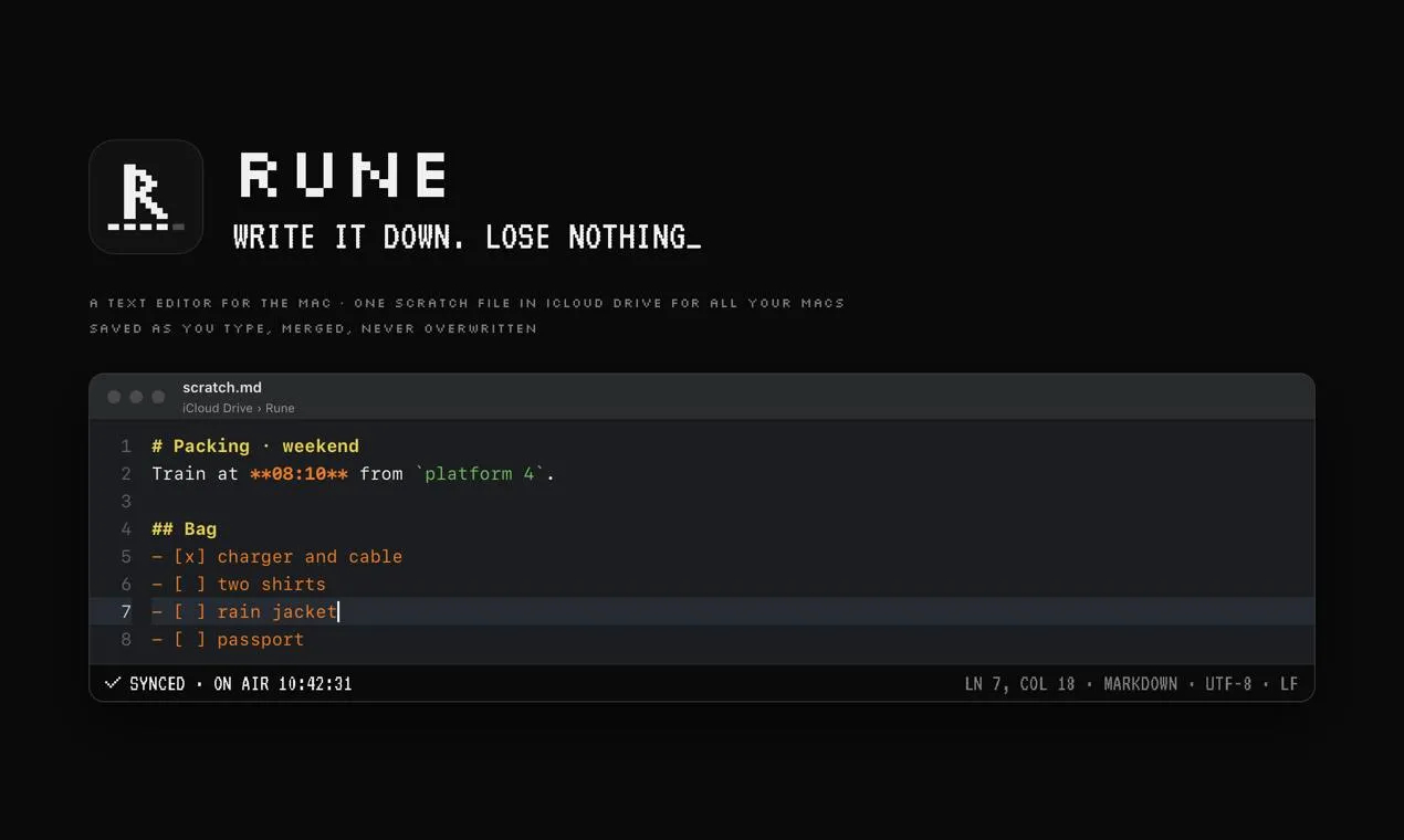Rune: A Minimalist Text Scratch Pad That Syncs Across Your Macs in Real Time