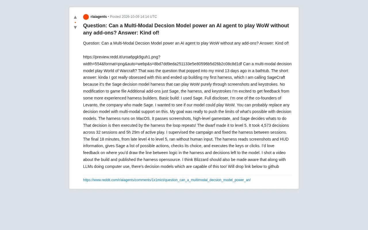 Can a Multimodal Decision Model Play World of Warcraft? The SageCraft Open-Source Experiment