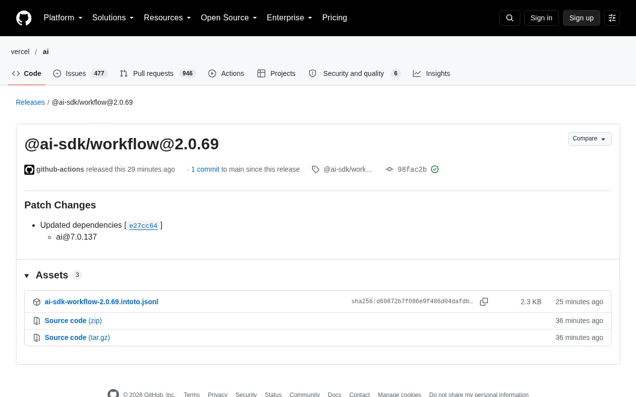 @ai-sdk/workflow 2.0.69 Released: Dependency Update Patch Version Breakdown