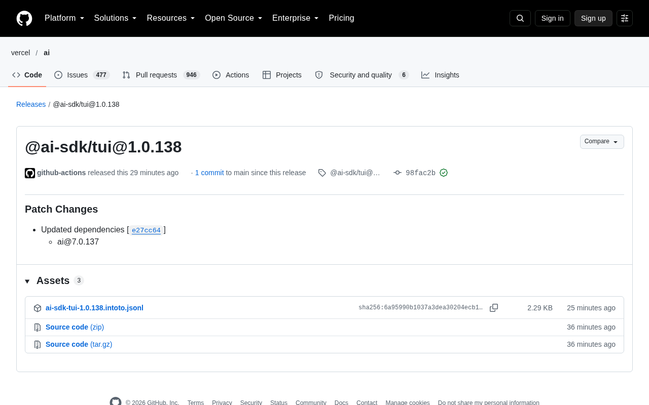 @ai-sdk/tui 1.0.138 Released: A Dependency-Driven Patch Update