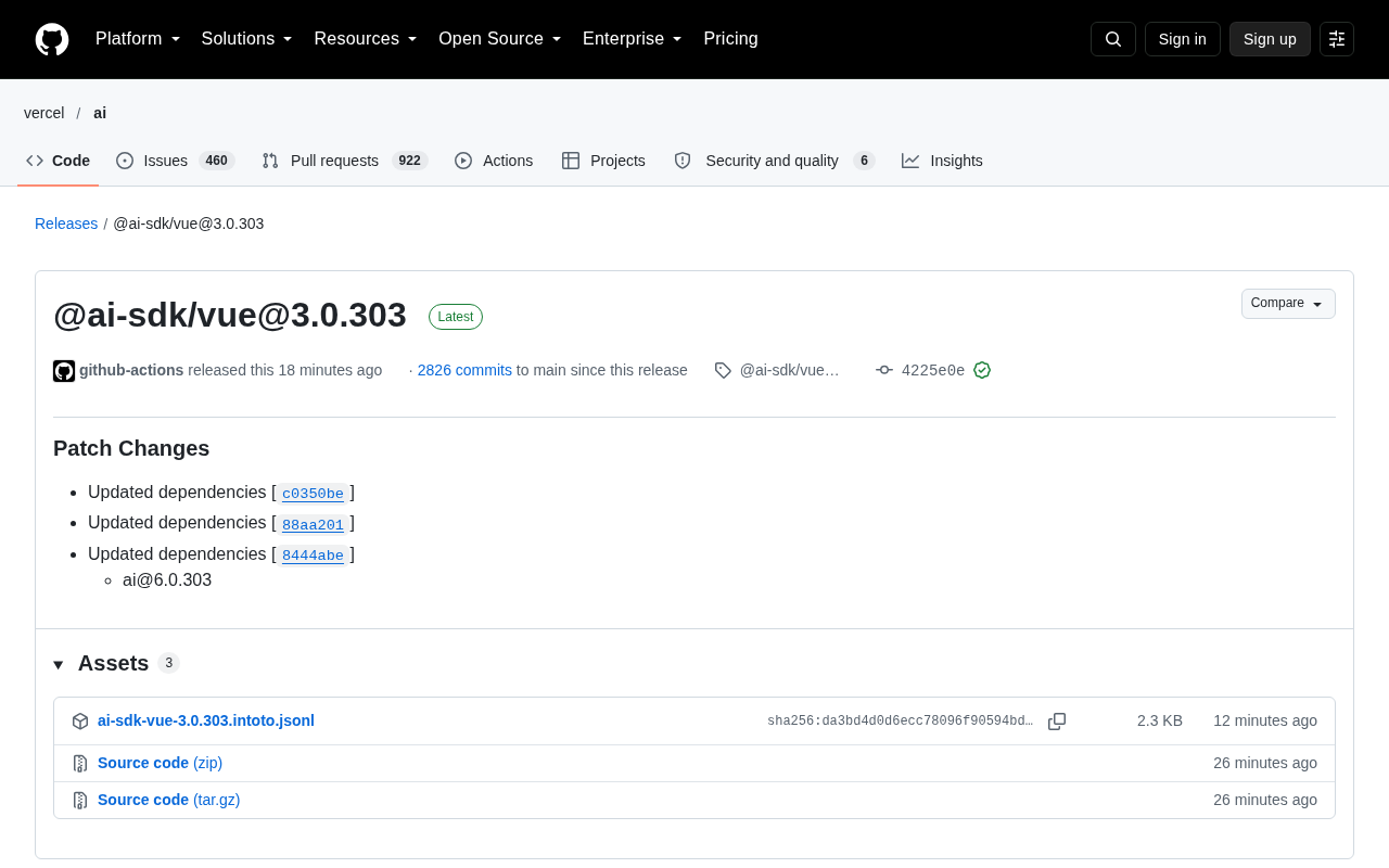 @ai-sdk/vue 3.0.303 发布:依赖更新的补丁版本