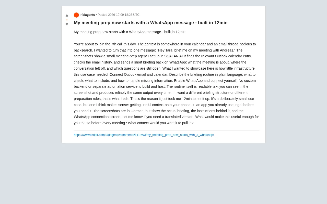 Build a Meeting Assistant in 12 Minutes: One WhatsApp Message Handles All Your Pre-Meeting Prep