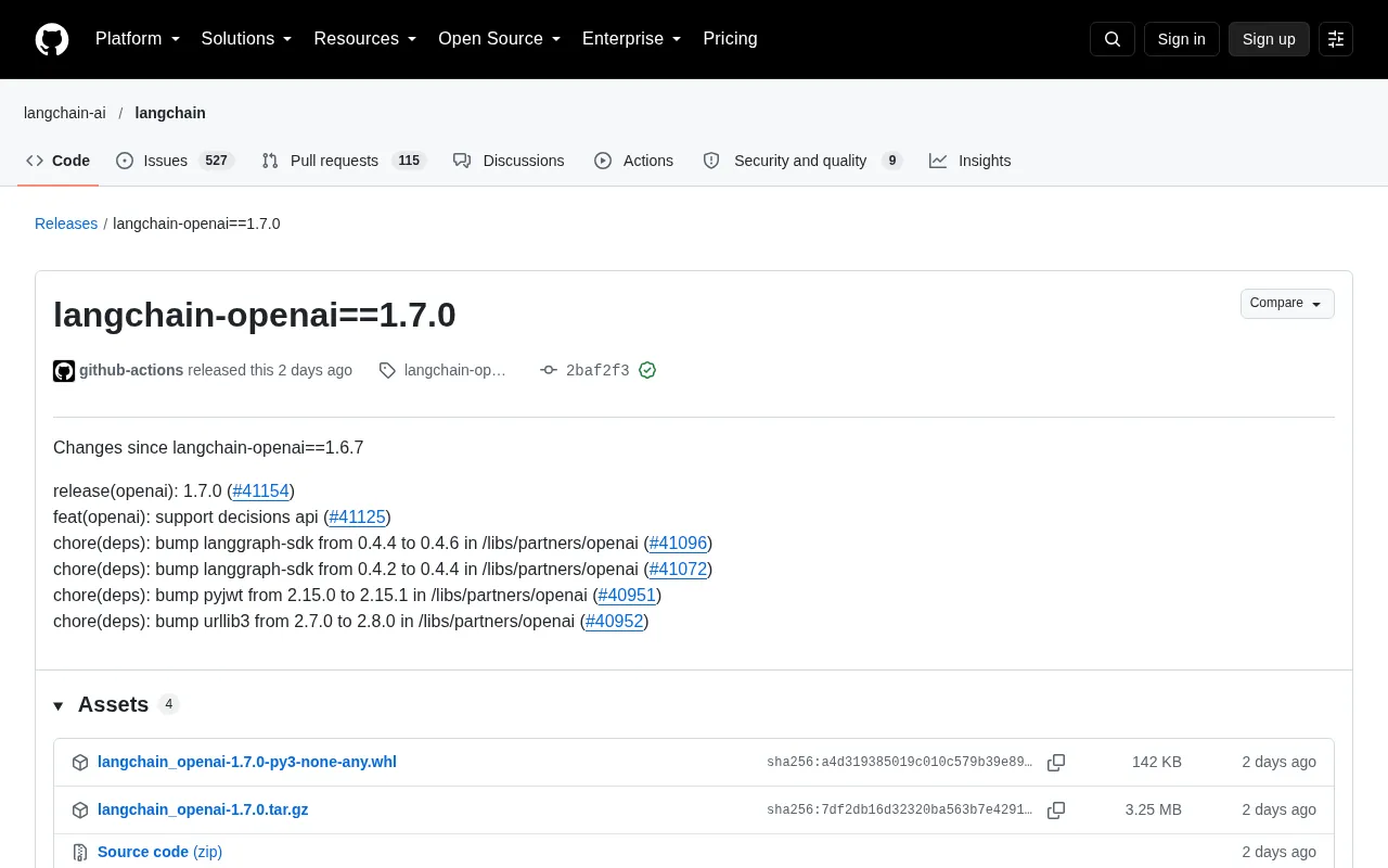 langchain-openai 1.7.0 Released: Adds Decisions API Support