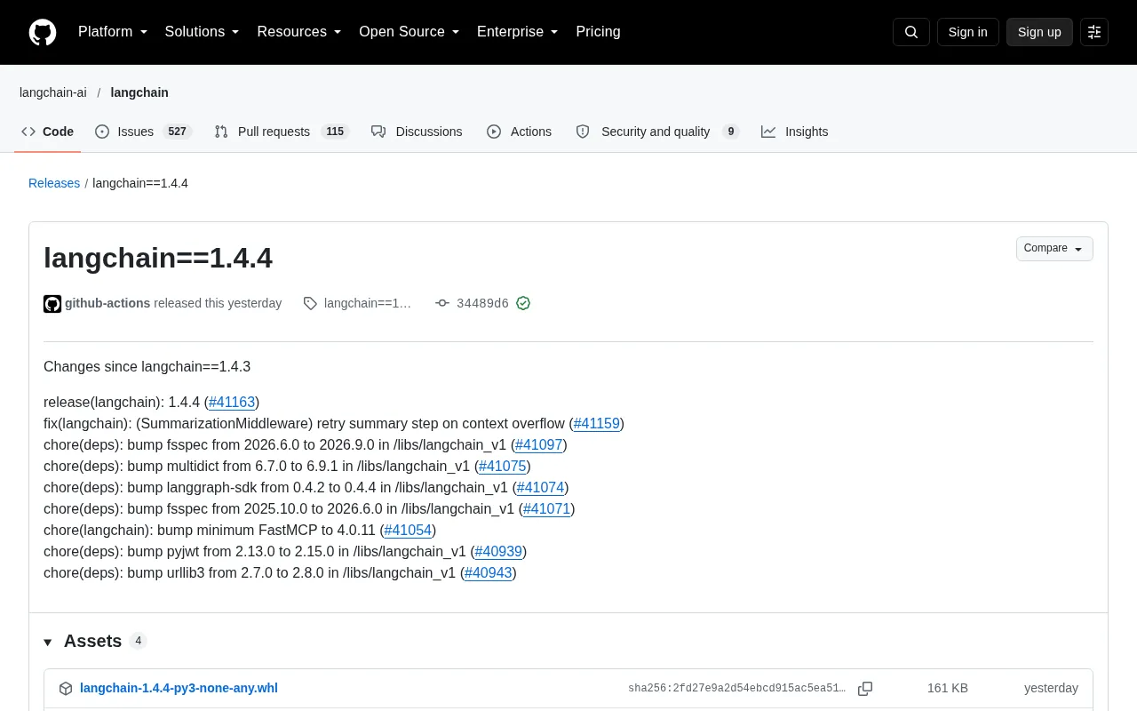 LangChain 1.4.4 发布:修复摘要中间件与多项依赖升级
