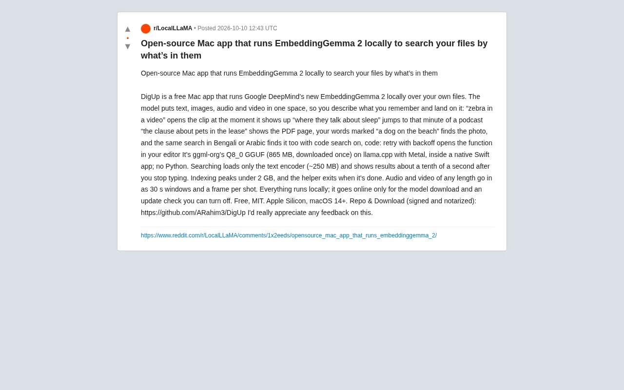 DigUp: A Mac Semantic Search Tool Running EmbeddingGemma 2 Locally