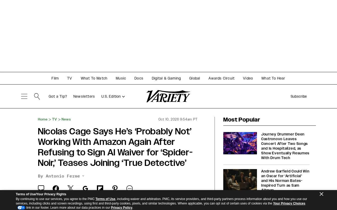 Nicolas Cage Refuses Amazon's AI Waiver: 'I Am Not an AI-Friendly Actor'