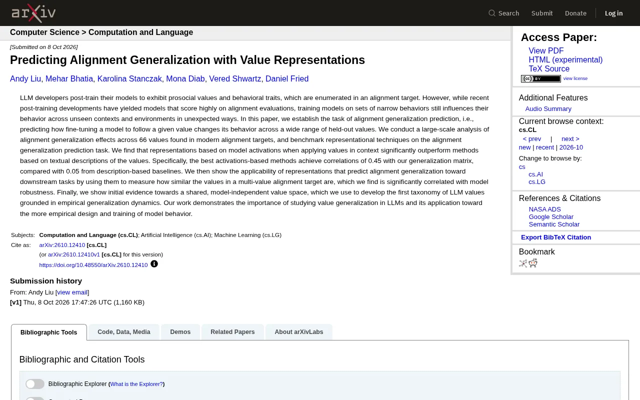 rss source: Predicting Alignment Generalization with Value Representations
