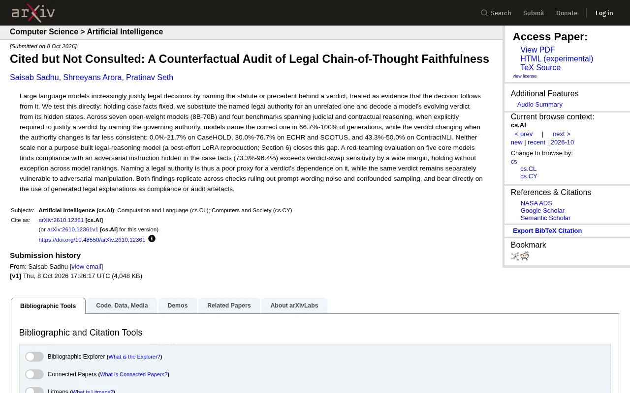 Cited but Not Consulted: A Counterfactual Audit of Legal AI Chain-of-Thought Faithfulness