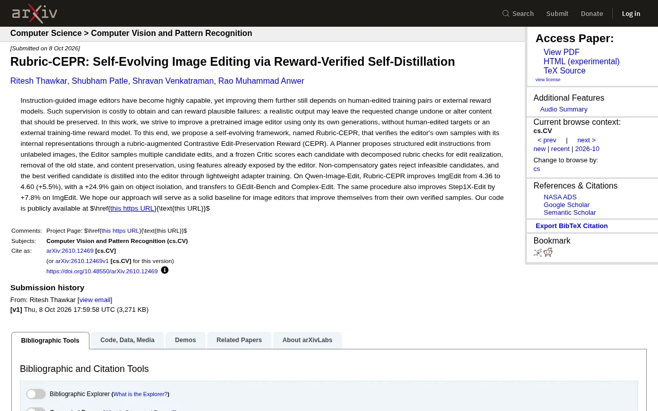 A New Paradigm for Self-Evolving Image Editing: Rubric-CEPR Achieves Self-Distillation with Internal Rewards