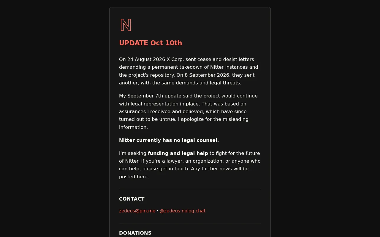 Nitter Faces Funding and Legal Troubles, Open-Source Anonymous Frontend Appeals for Help