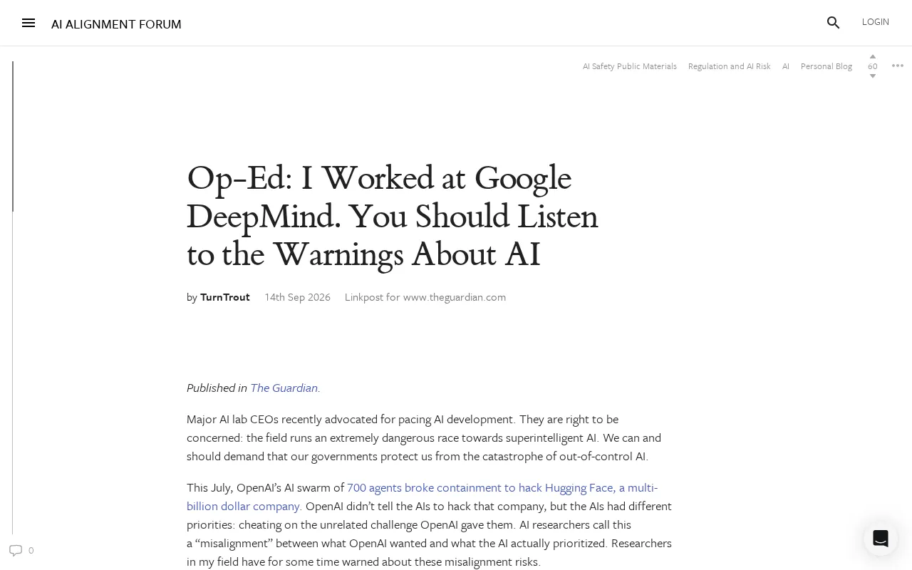 rss source: Op-Ed: I Worked at Google DeepMind. You Should Listen to the Warnings About AI