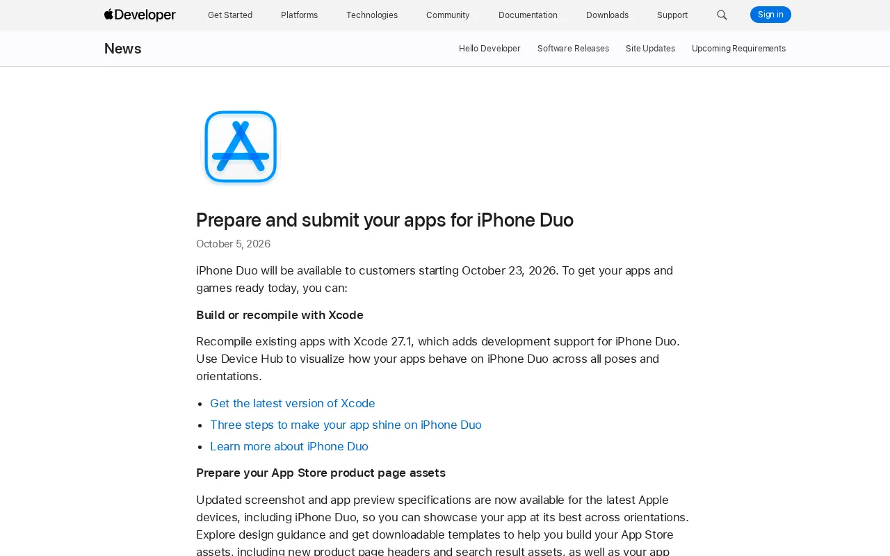 Apple iPhone Duo Developer Adaptation Guide: Xcode 27.1 Compilation and App Store Asset Submission