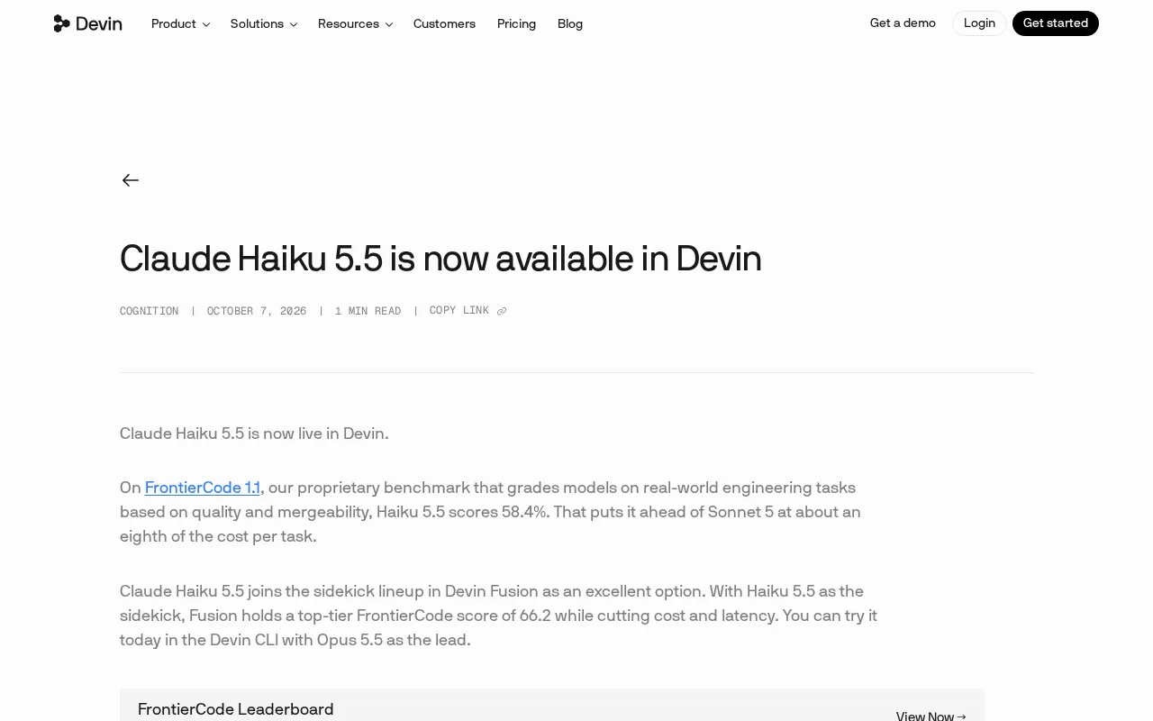 Claude Haiku 5.5 上线 Devin:性能反超 Sonnet 5,成本仅八分之一