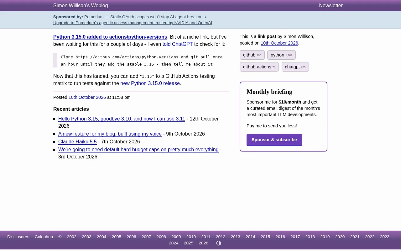 rss source: Python 3.15.0 added to actions/python-versions